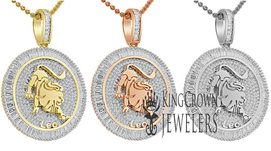 10K Gold Finish Leo Lion Zodiac Sign Astrology Horoscope Pendant Baguette/Round Cut Lab Diamond Charm Chain Set