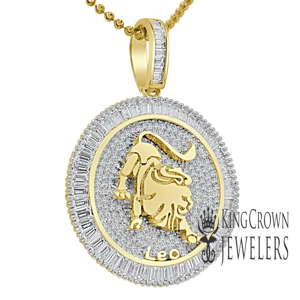 10K Gold Finish Leo Lion Zodiac Sign Astrology Horoscope Pendant Baguette/Round Cut Lab Diamond Charm Chain Set