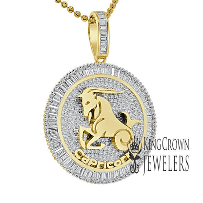 10K Gold Finish Capricorn Horse Zodiac Sign Astrology Horoscope Pendant Baguette/Round Cut Lab Diamond Charm Chain Set