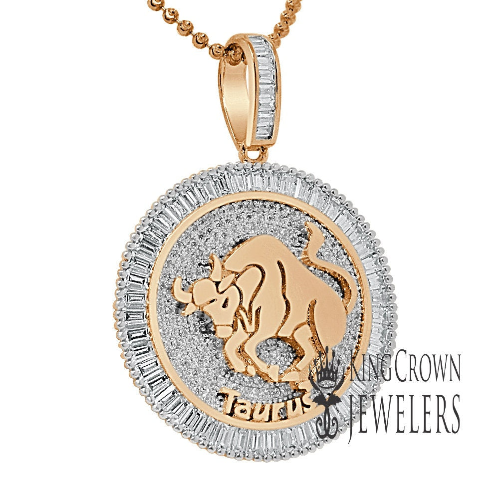 10K Gold Finish Taurus Bull  Zodiac Sign Astrology Horoscope Pendant Baguette/Round Cut Lab Diamond Charm Chain Set