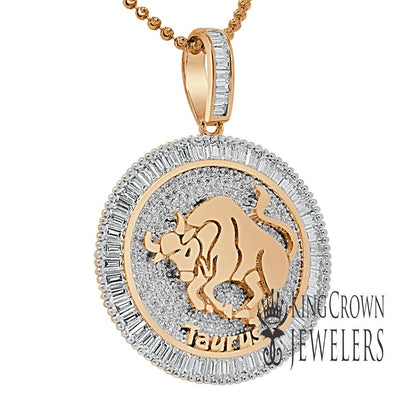 10K Gold Finish Taurus Bull  Zodiac Sign Astrology Horoscope Pendant Baguette/Round Cut Lab Diamond Charm Chain Set