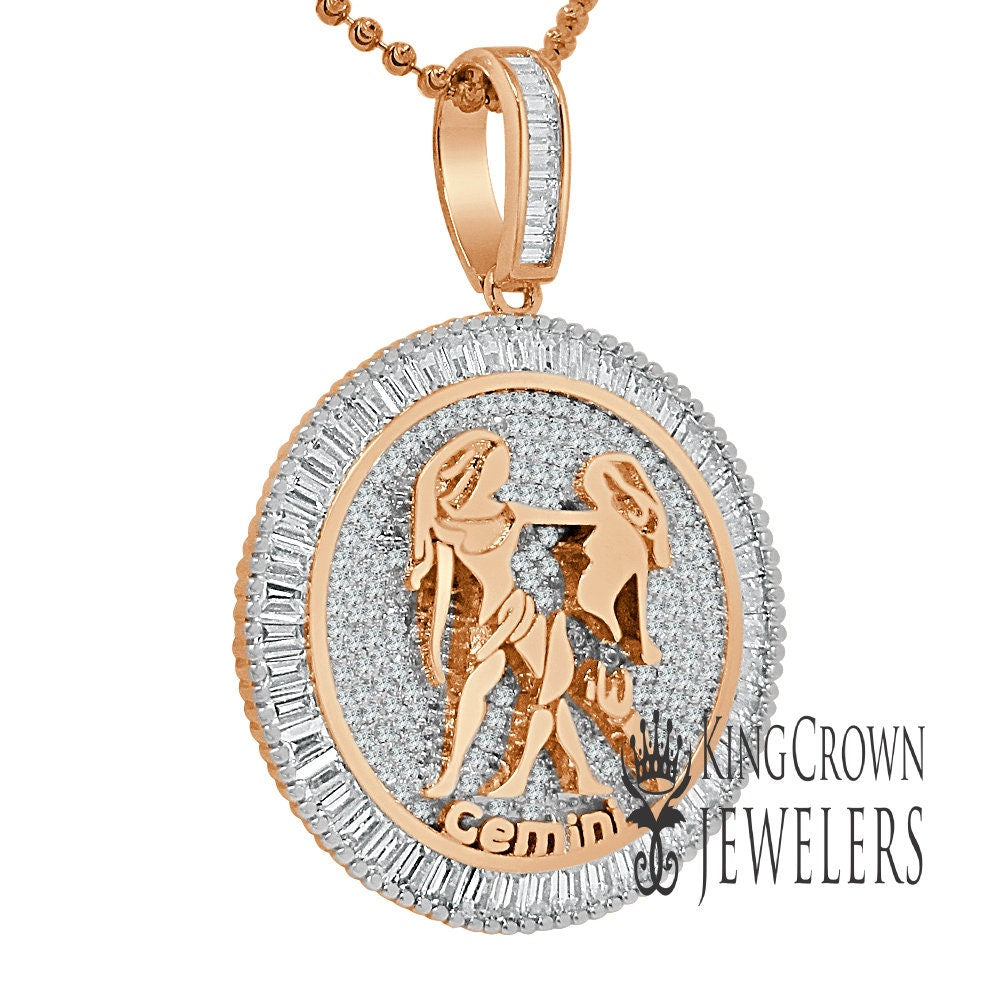 10K Gold Finish Gemini Twins  Zodiac Sign Astrology Horoscope Pendant Baguette/Round Cut Lab Diamond Charm Chain Set