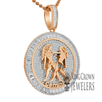 10K Gold Finish Gemini Twins  Zodiac Sign Astrology Horoscope Pendant Baguette/Round Cut Lab Diamond Charm Chain Set