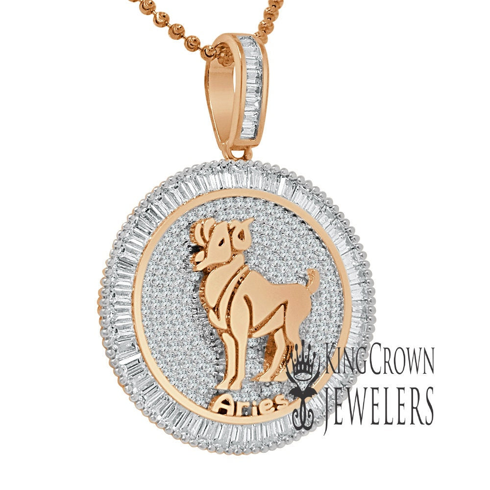 10K Gold Finish Aries Ram Zodiac Sign Astrology Horoscope Pendant Baguette/Round Cut Lab Diamond Charm Chain Set