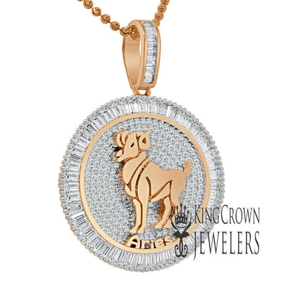 10K Gold Finish Aries Ram Zodiac Sign Astrology Horoscope Pendant Baguette/Round Cut Lab Diamond Charm Chain Set