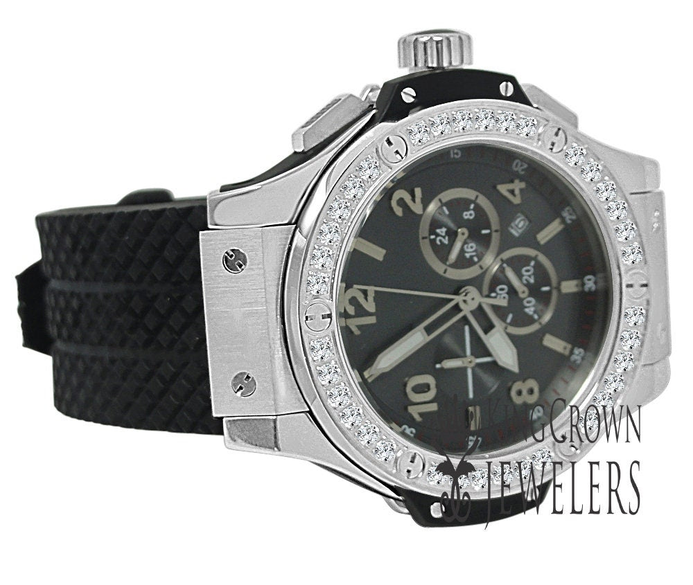 Mens Solid Full Stainless Steel Turnish Free Simulated Diamond Chronograph White Gold Tone Watch 50mm W/Date