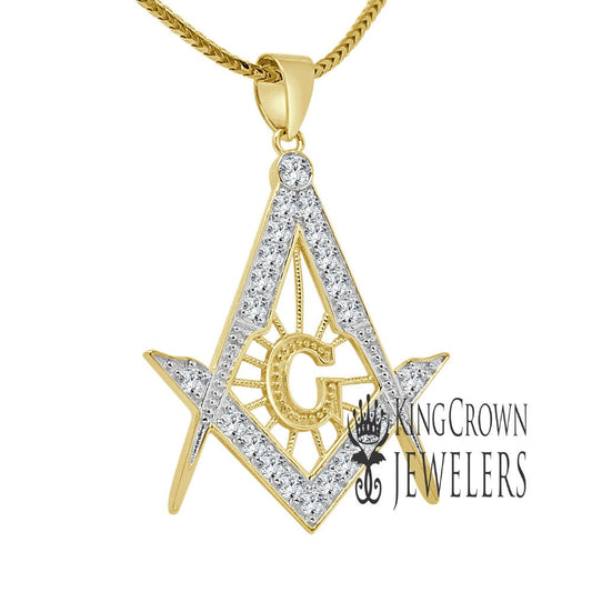 Real Yellow Gold Sterling Silver Genuine Simulated Diamond G Compass Masonic Freemason Pendent Charm Chain Set 1.75"