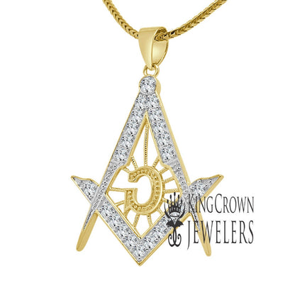 Real Yellow Gold Sterling Silver Genuine Simulated Diamond G Compass Masonic Freemason Pendent Charm Chain Set 1.75"