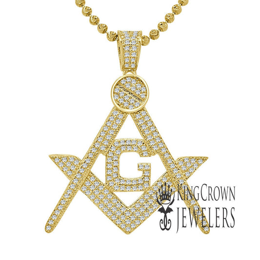 14K Yellow Gold On Real Silver Genuine Simulated Diamond G Compass Masonic Mason Pendent Charm Chain Set