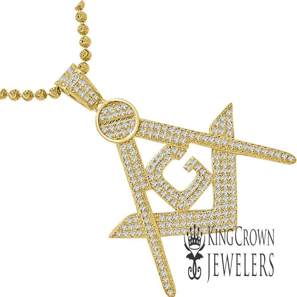 14K Yellow Gold On Real Silver Genuine Simulated Diamond G Compass Masonic Mason Pendent Charm Chain Set