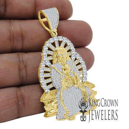 Mens XL 2.5'' Real Sterling Silver 14K Gold Finish Holy Jesus Christ Charm Lab Diamond Custom Pendent