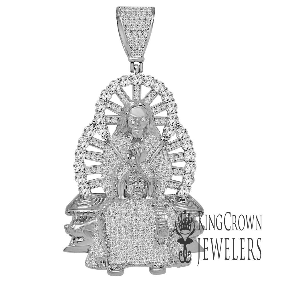Mens XL 2.5'' Real Sterling Silver 14K White Gold Finish Holy Jesus Christ Charm Lab Diamond Custom Pendent