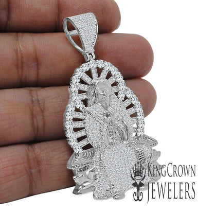 Mens XL 2.5'' Real Sterling Silver 14K White Gold Finish Holy Jesus Christ Charm Lab Diamond Custom Pendent