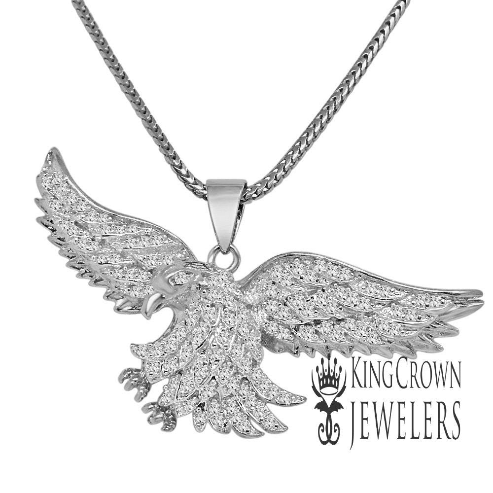Mens 14K White Gold On Real Sterling Silver Lab Diamond Eagle Bird Pave Charm Pendent + Chain
