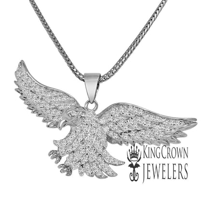 Mens 14K White Gold On Real Sterling Silver Lab Diamond Eagle Bird Pave Charm Pendent + Chain