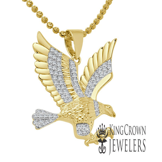 Real Yellow Gold Sterling Silver Lab Diamond American Flying Eagle Mens Pave Charm +Chain