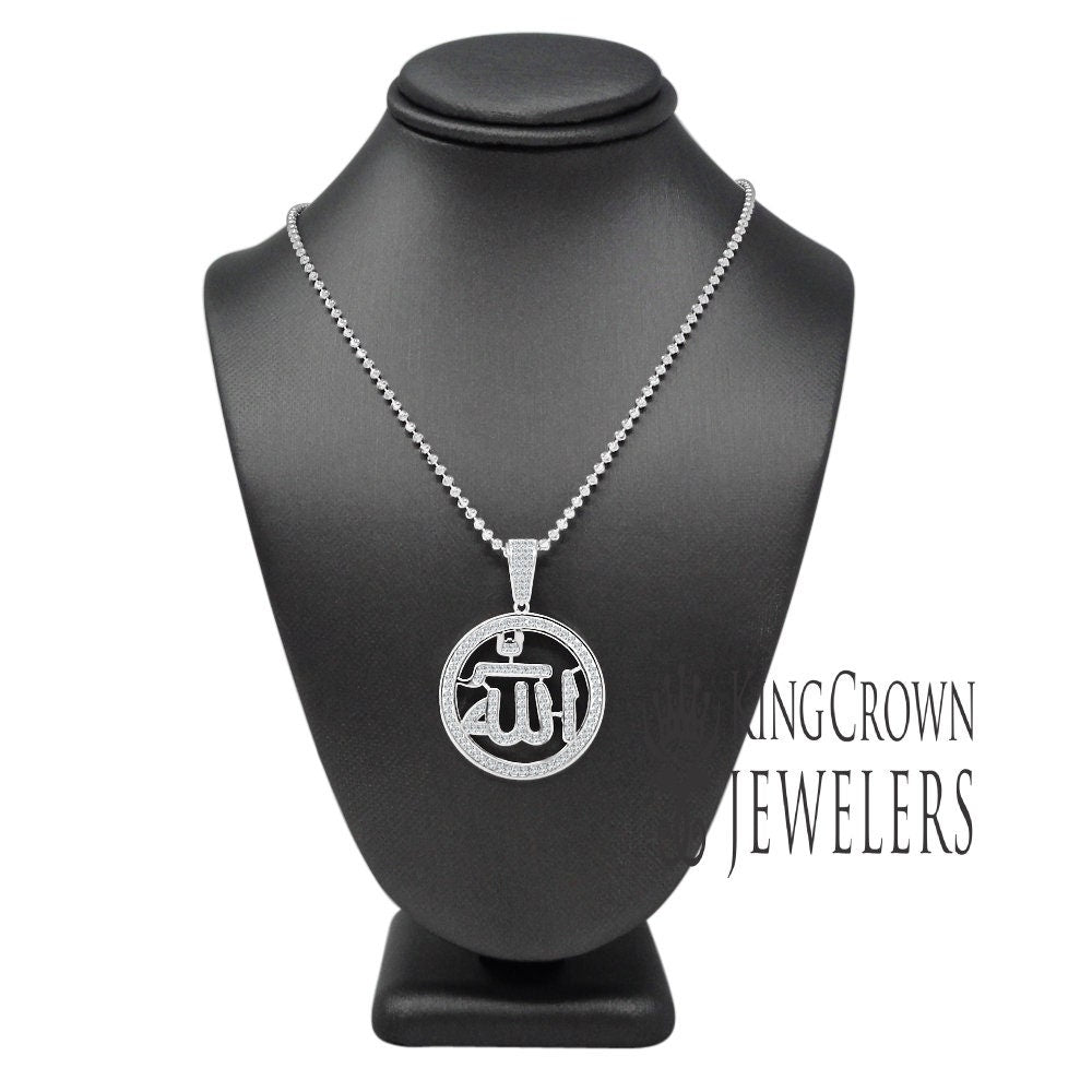 Real Genuine Sterling Silver 2.00 Cwt. Simulated Diamond 14K White Gold Over Allah Muslim Arabic Islamic Unisex Pendant Charm Chain Neckless