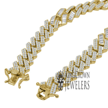 Mens Genuine Yellow Gold Sterling Silver Baguette/Round Cut Simulated Diamond Miami Cuban Link Bracelet 8.5''