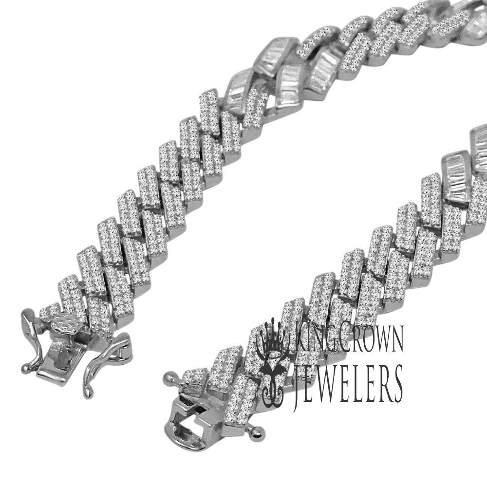 Mens Genuine White Gold Sterling Silver Baguette/Round Cut Simulated Diamond Miami Cuban Link Bracelet 8.5''