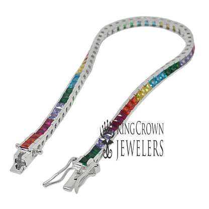 Real Sterling Silver Multi Rainbow 14K White Gold  Finish Baguette 1 Row Tennis Link Bracelet 7''