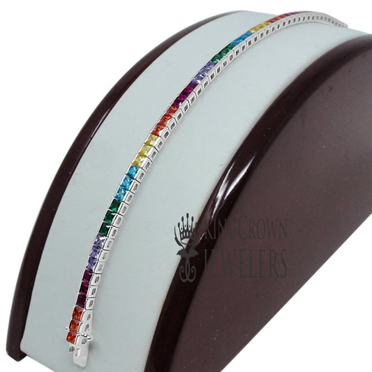 Real Sterling Silver Multi Rainbow 14K White Gold  Finish Baguette 1 Row Tennis Link Bracelet 7''