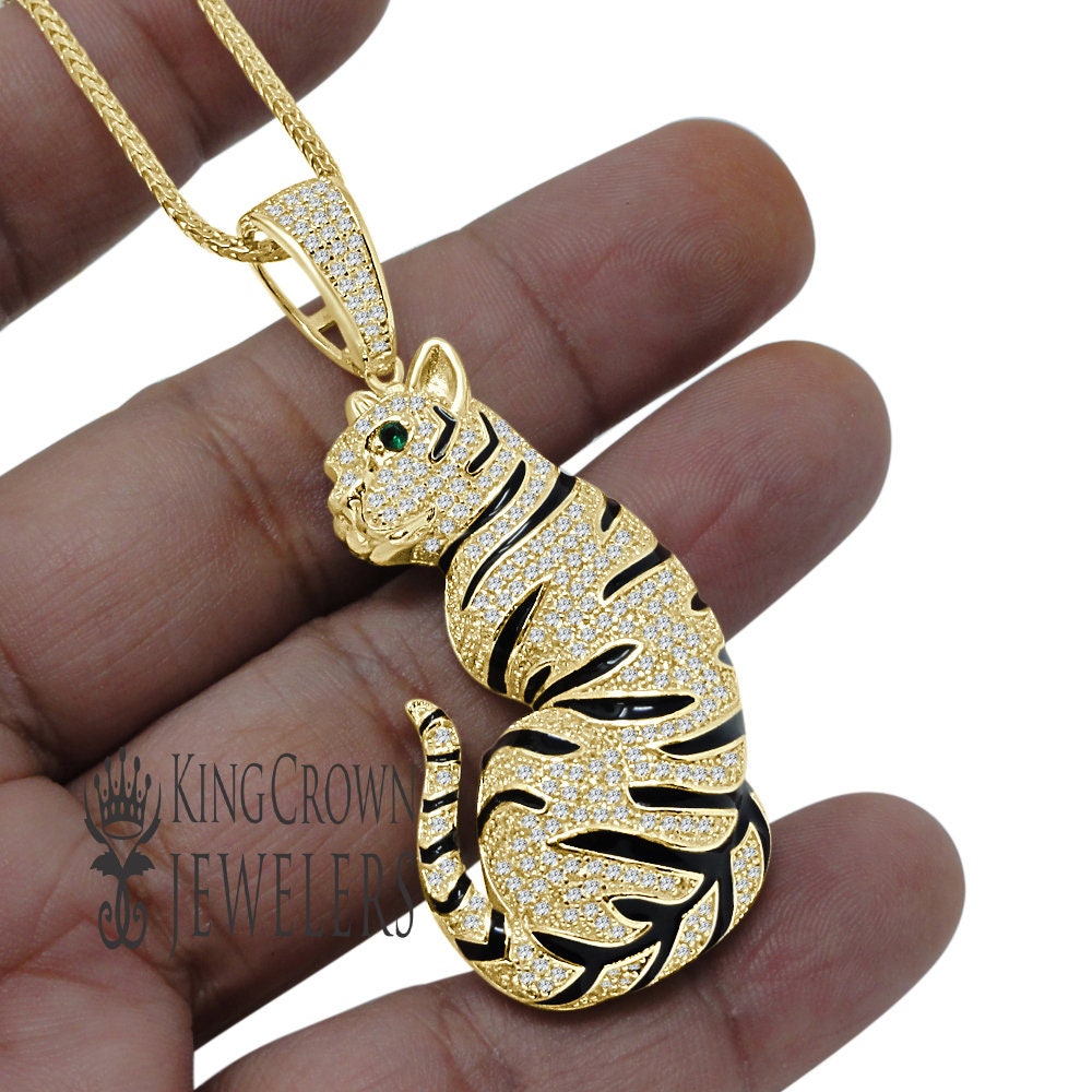 Real Genuine Sterling Silver 14k Yellow Gold Over Simulated Diamond Lion King Full Body Tiger Leopard Men's Pendant Charm Chain Neckless Set