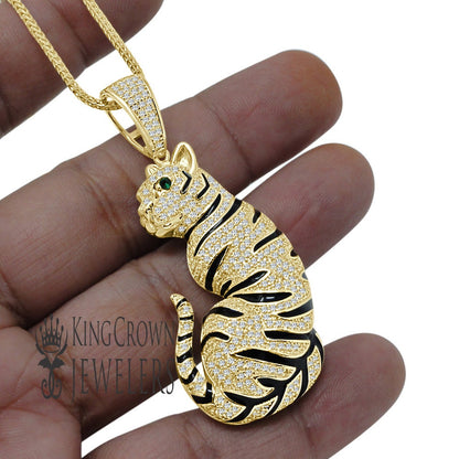 Real Genuine Sterling Silver 14k Yellow Gold Over Simulated Diamond Lion King Full Body Tiger Leopard Men's Pendant Charm Chain Neckless Set