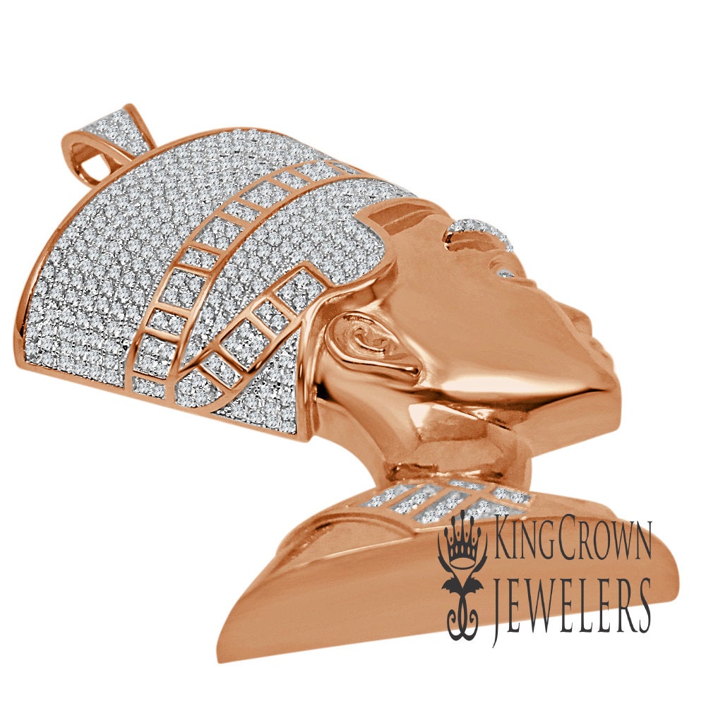 10K Rose Gold On Real Sterling Silver Egyptian Queen Pharaoh Nefertiti Lab Diamond Pendant Big XL 3.5''