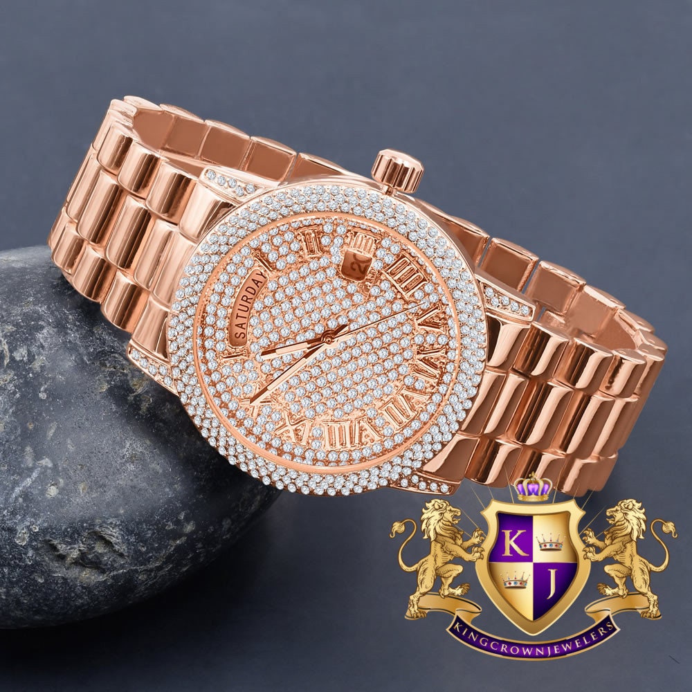 Mens Day/Date Function Steel Back Water Resistance 14K Rose Gold Finish Presidential Band Watch