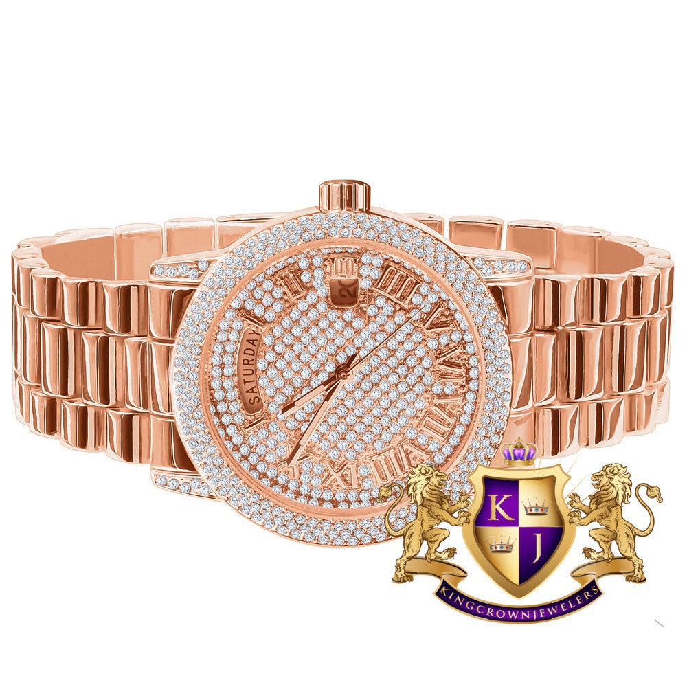 Mens Day/Date Function Steel Back Water Resistance 14K Rose Gold Finish Presidential Band Watch