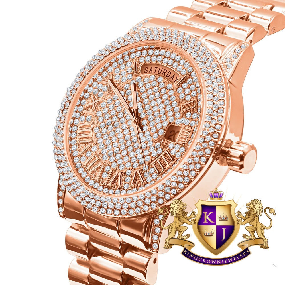 Mens Day/Date Function Steel Back Water Resistance 14K Rose Gold Finish Presidential Band Watch