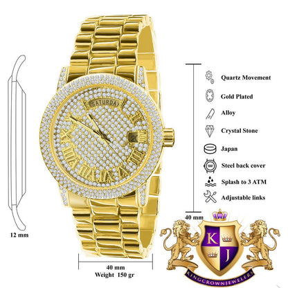 Mens Day/Date Function Steel Back Water Resistance 14K Yellow Gold Finish Presidential Band Watch 40mm