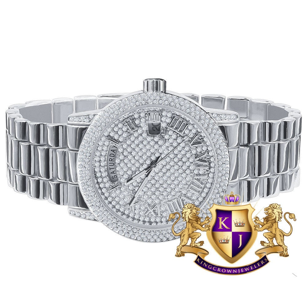 Mens Day/Date Function Steel Back Water Resistance 14K White Gold Finish Presidential Band Watch 40mm