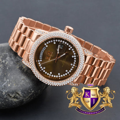 Brown Face Dial 14K Rose Gold Day/Date Function Steel Back Presidential Metal Band Mens Watch 40mm