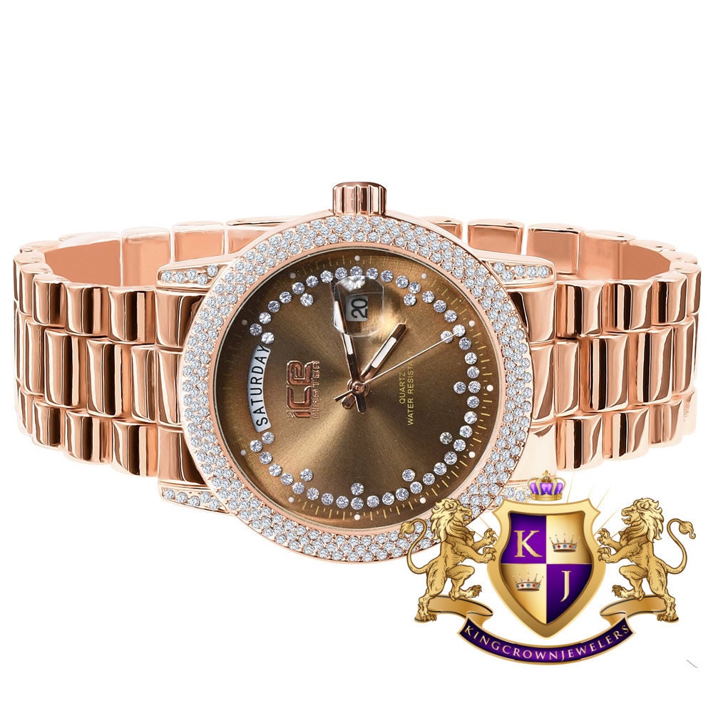 Brown Face Dial 14K Rose Gold Day/Date Function Steel Back Presidential Metal Band Mens Watch 40mm