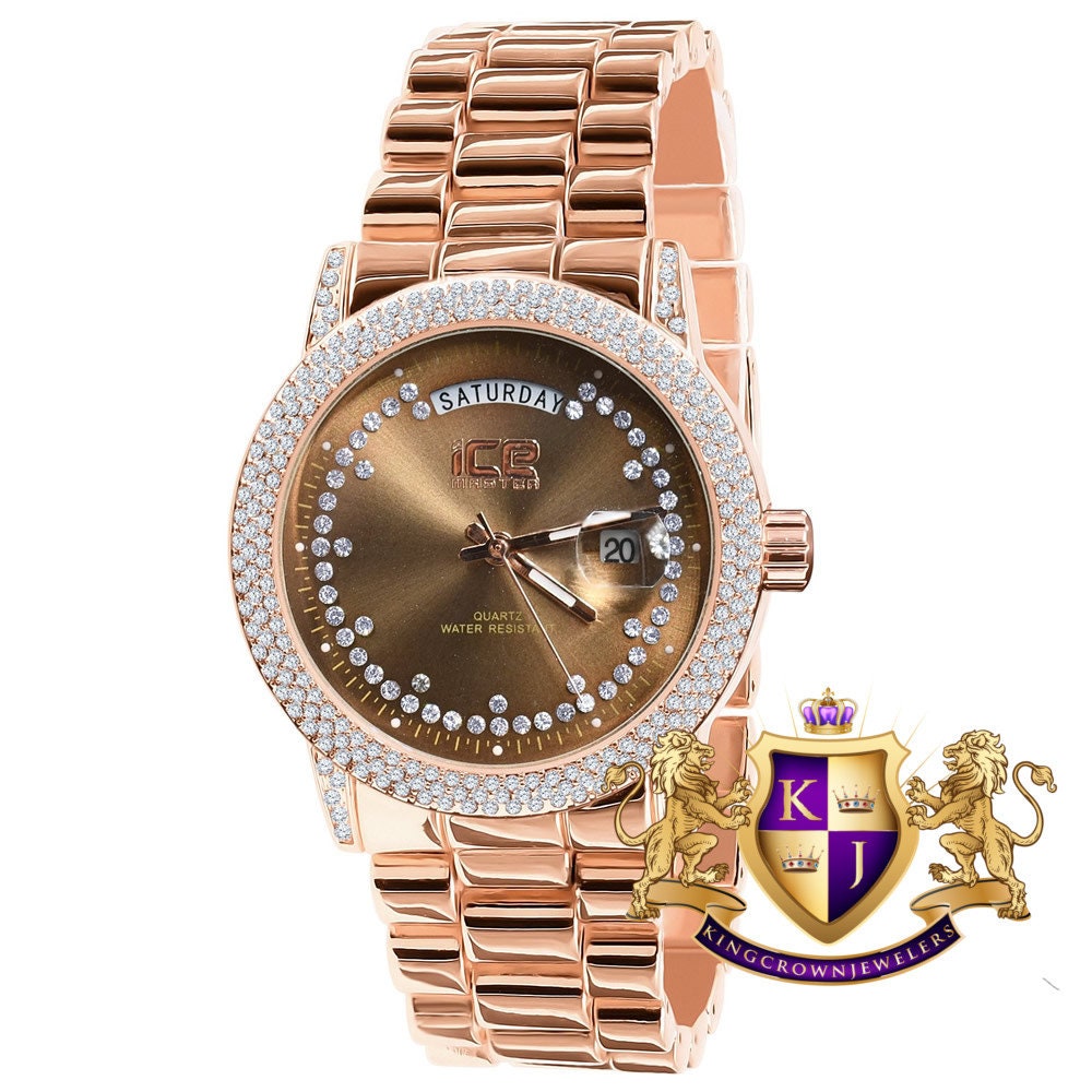 Brown Face Dial 14K Rose Gold Day/Date Function Steel Back Presidential Metal Band Mens Watch 40mm