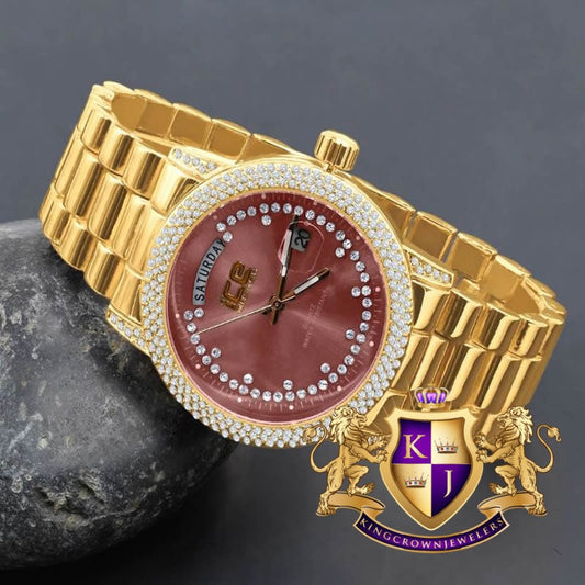 Ruby Red Face Dial 14K Yellow Gold Day/Date Function Steel Back Presidential Metal Band Mens Watch 40mm