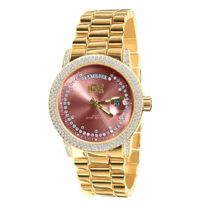 Ruby Red Face Dial 14K Yellow Gold Day/Date Function Steel Back Presidential Metal Band Mens Watch 40mm
