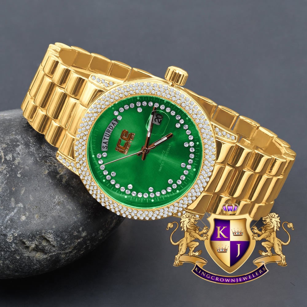Green Emerald Face Dial 14K Yellow Gold Day/Date Function Steel Back Presidential Metal Band Mens Watch 40mm