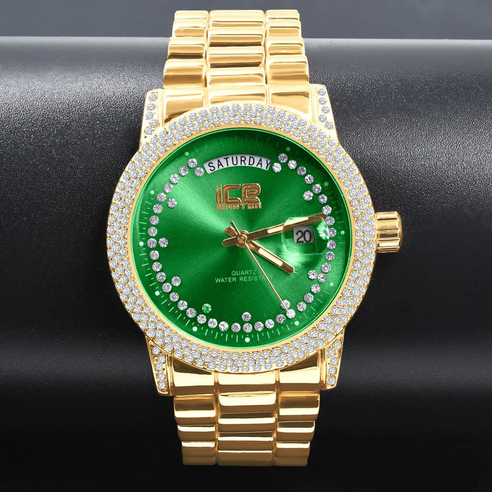 Green Emerald Face Dial 14K Yellow Gold Day/Date Function Steel Back Presidential Metal Band Mens Watch 40mm