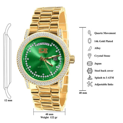 Green Emerald Face Dial 14K Yellow Gold Day/Date Function Steel Back Presidential Metal Band Mens Watch 40mm