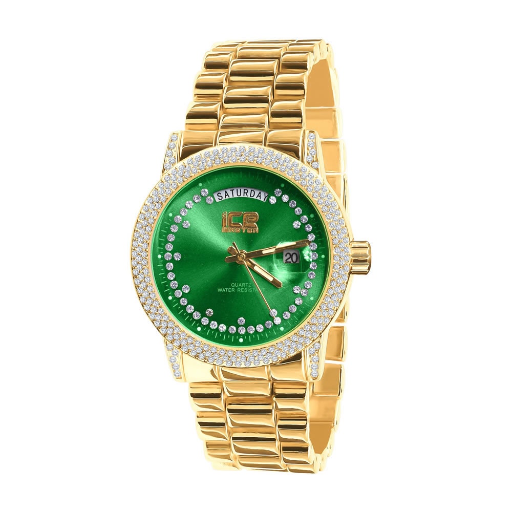 Green Emerald Face Dial 14K Yellow Gold Day/Date Function Steel Back Presidential Metal Band Mens Watch 40mm