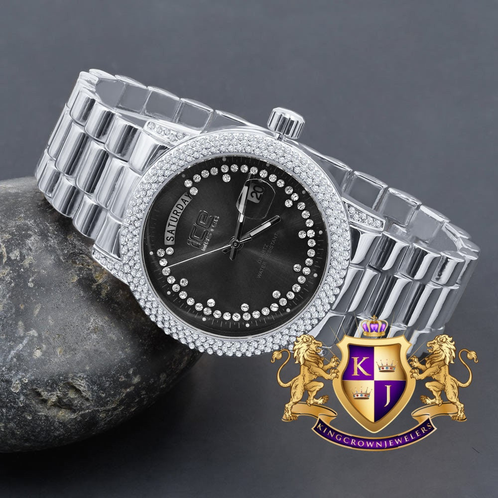 Black Onyx Face Dial 14K White Gold Day/Date Function Steel Back Presidential Metal Band Mens Watch 40mm