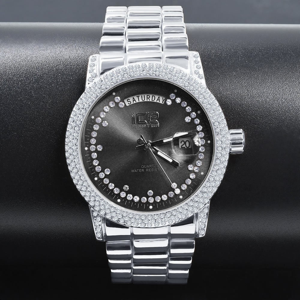 Black Onyx Face Dial 14K White Gold Day/Date Function Steel Back Presidential Metal Band Mens Watch 40mm
