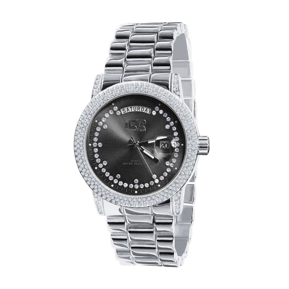 Black Onyx Face Dial 14K White Gold Day/Date Function Steel Back Presidential Metal Band Mens Watch 40mm