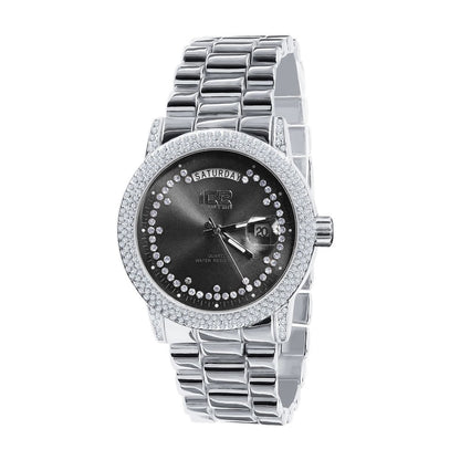 Black Onyx Face Dial 14K White Gold Day/Date Function Steel Back Presidential Metal Band Mens Watch 40mm