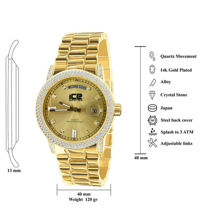 Presidential Band Mens Watch 40mm Day/Date Function Steel Back Water Resistance 14K Yellow Gold Finish