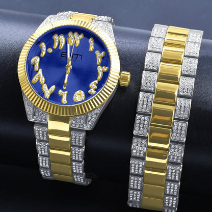 Mens Arabic Numeral Face Blue Dial Watch Matching Bracelet Gift Set 2 Tone Gold Finish