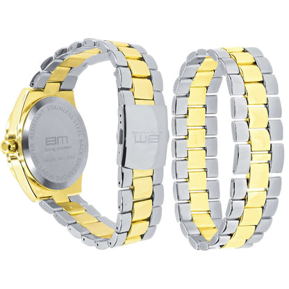 Roman Numeral Face Silver Dial Watch Matching Bracelet Gift Set 14K 2 Tone Gold Finish