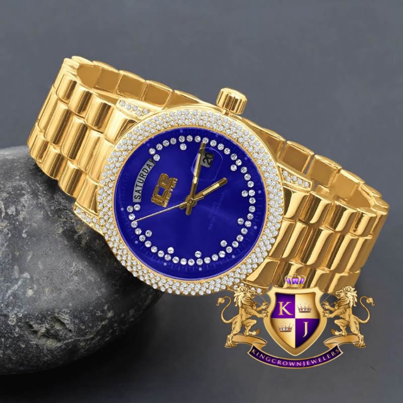 Blue Face Dial 14K Gold Tone Day/Date Function Steel Back Metal Band Mens Watch